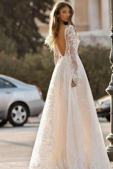 Abito da sposa Maniche Lunghe unbacked Pizzo francese Quanto Naturale