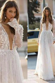 Abito da sposa Maniche Lunghe unbacked Pizzo francese Quanto Naturale