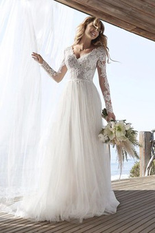 Abito da sposa A-Line Maniche Lunghe Tulle A Terra Quanto Profondo scollo a v