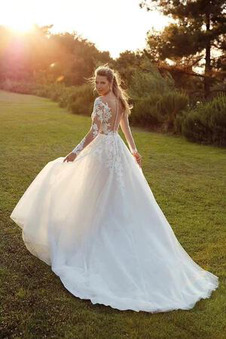 Abito da sposa Bottone all'aperto moda Tulle A-Line Profondo scollo a v