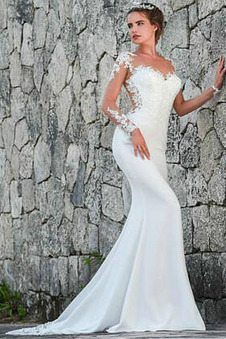 Abito da sposa Pizzo indietro trasparente Sirena Estate Illusione maniche