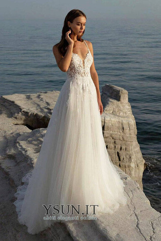 Abito da sposa A-Line Pizzo Overlay Lungo Perline Schiena Nuda Profondo V-scollo - Pagina 1